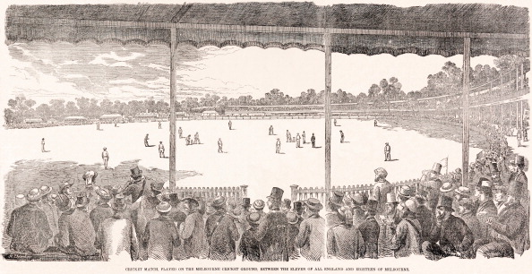 A vintage illustration featuring a cricket match played on the Melbourne Cricket Ground between the Eleven of All- England and the Eighteen of Melbourne, published in the "Illustrated Australian Mail" on 18th January 1862. (Photo by Popperfoto/Getty Images)